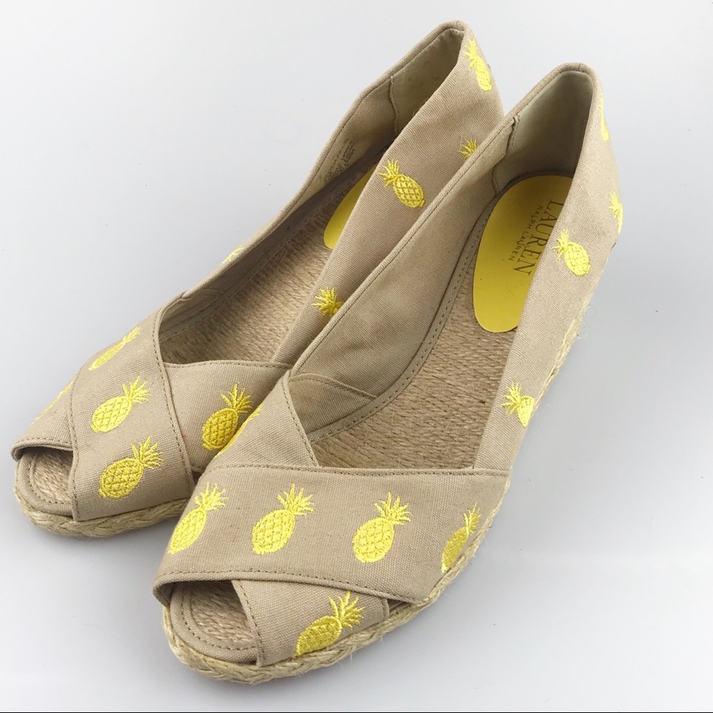 Lauren by RL Peep Toe Pineapple Embroidered Wedges